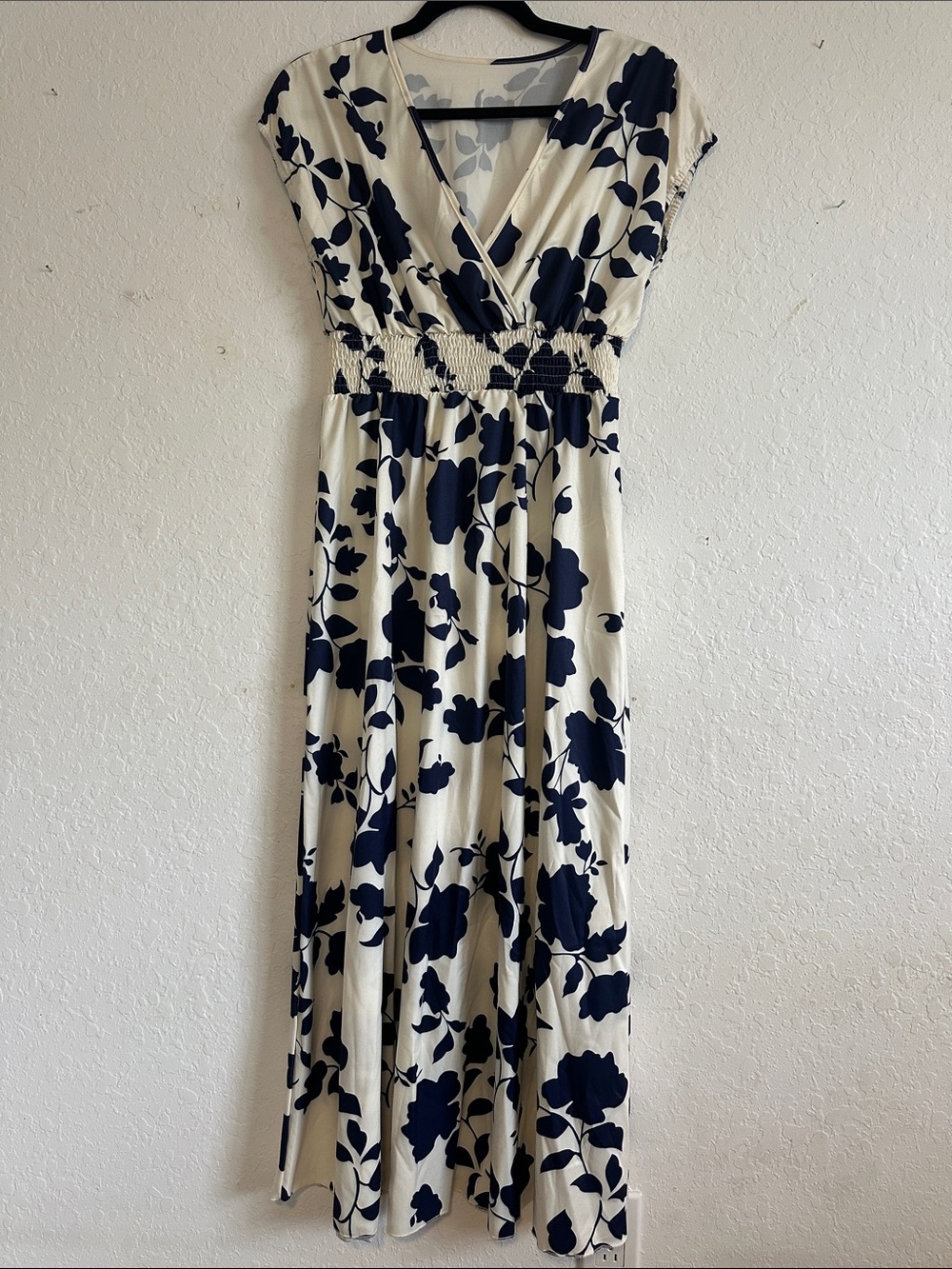 Smocked Waist Ivory Maxi Dress with Navy Floral Print